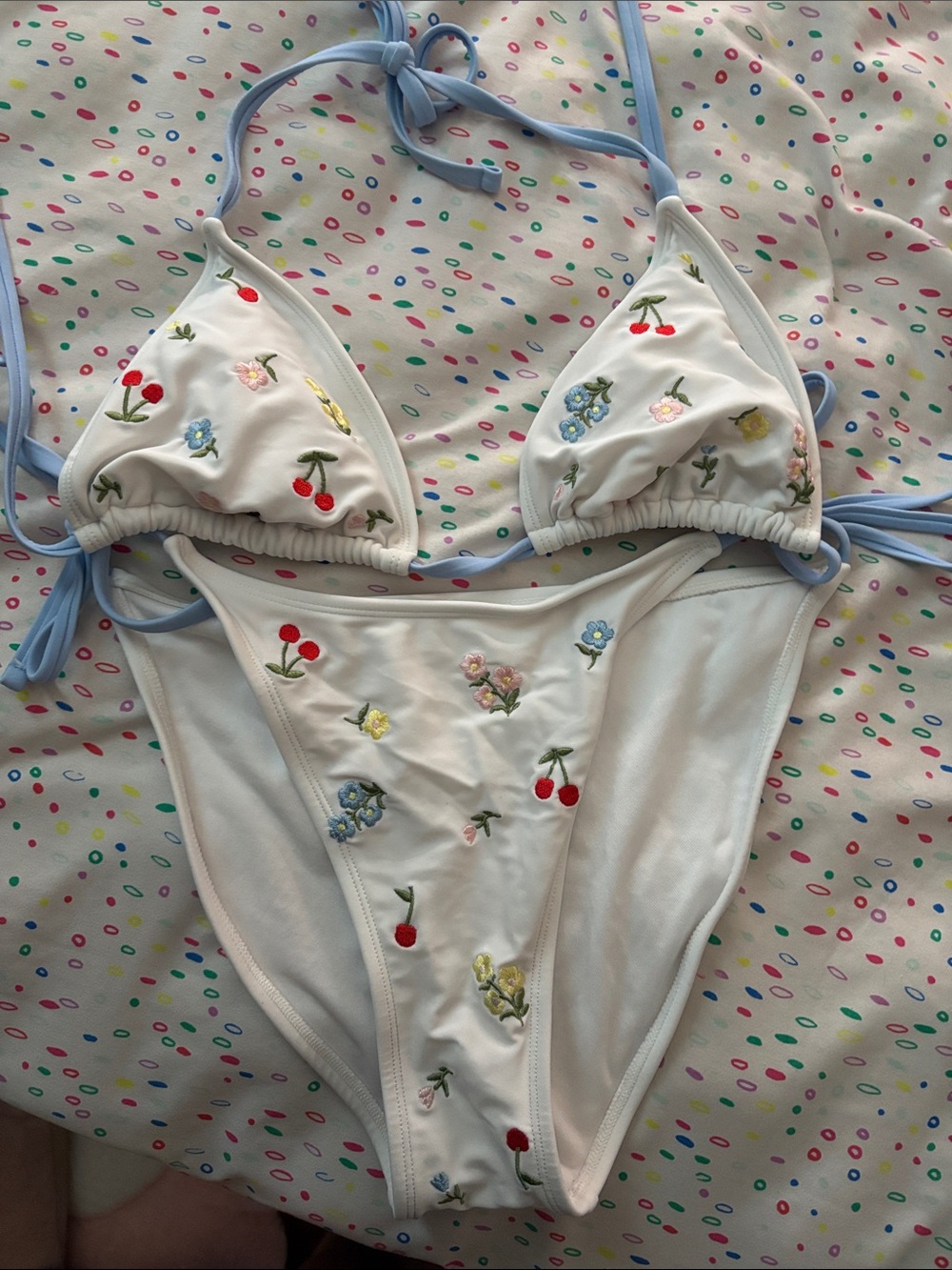wild fable White Floral & Cherry Embroidered Bikini with Light Blue Ties